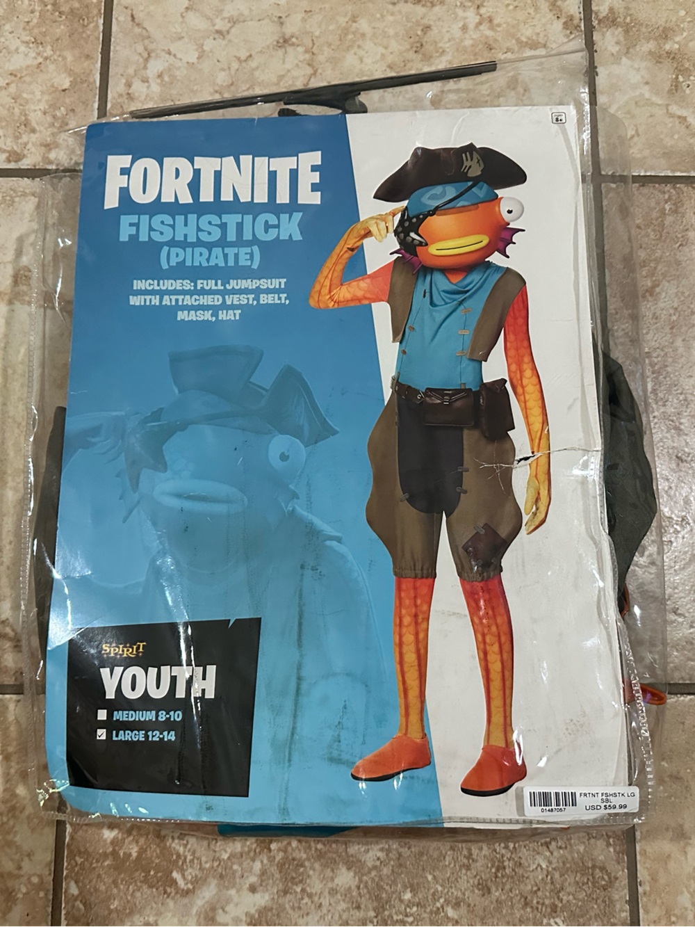 Spirit Halloween Fortnite Pirate Fishstick Costume Bodysuit/Mask Kid Size L12-14